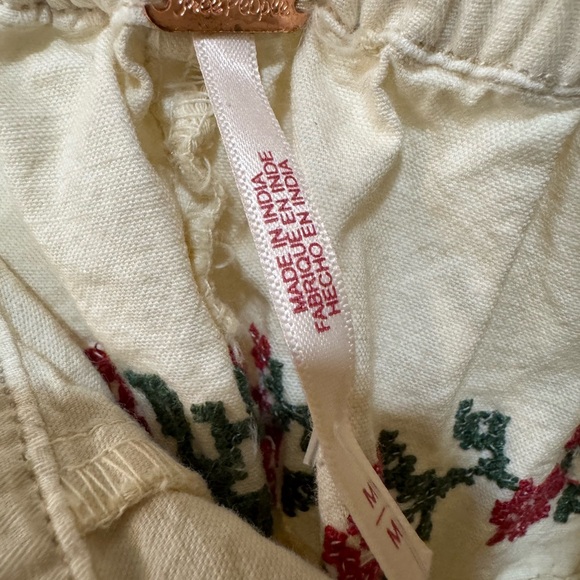 Free People Cream Wide Leg Pants with Red Floral Design - Picture 6 of 7